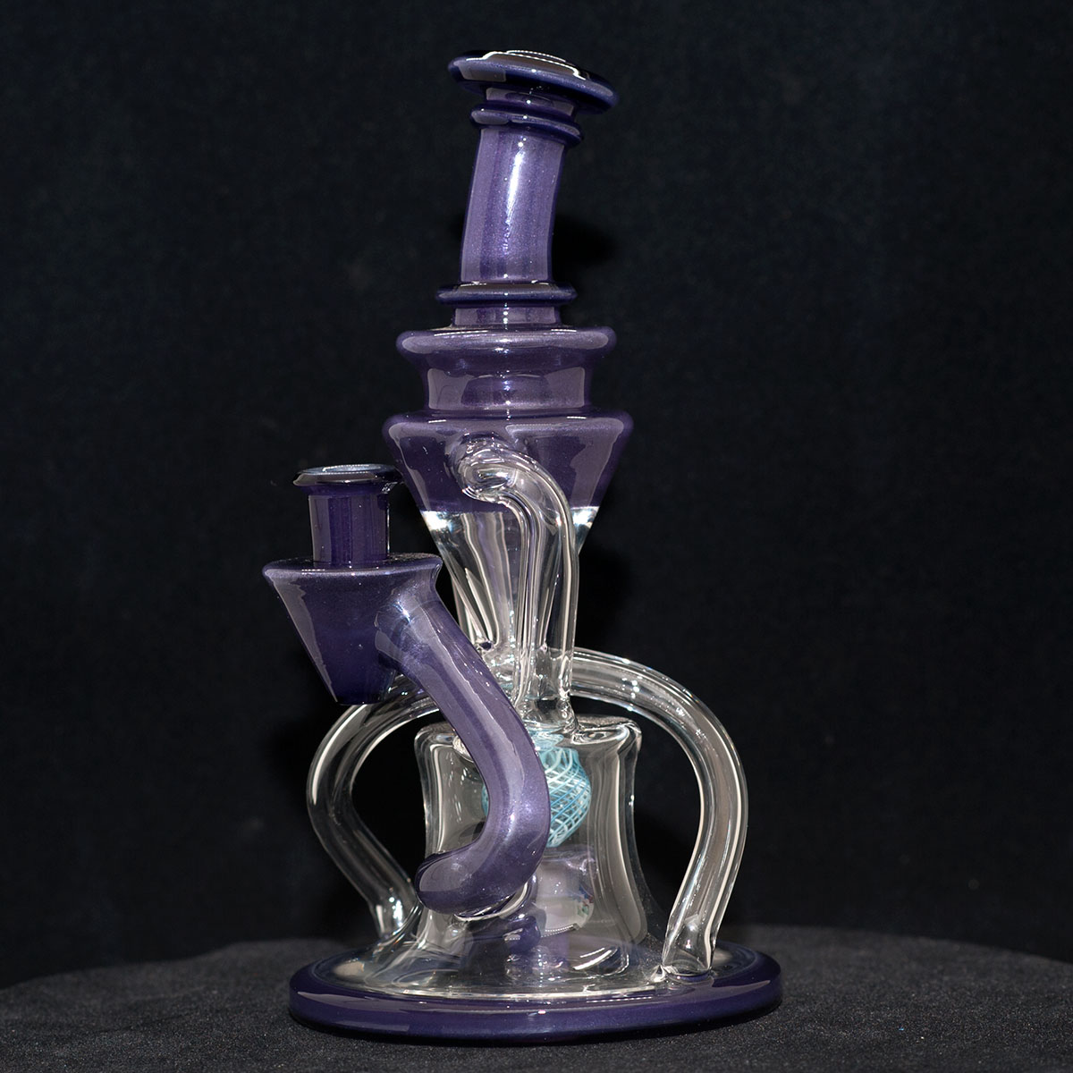 Cerio Glass - 10mm Recycler with 4 Hole Peculator - Light Purple & Blue Sphere Design with Clear Glass - Image 2