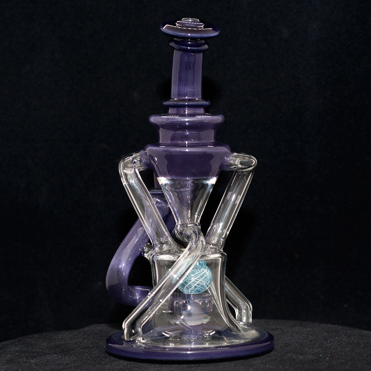 Cerio Glass - 10mm Recycler with 4 Hole Peculator - Light Purple & Blue Sphere Design with Clear Glass - Image 3