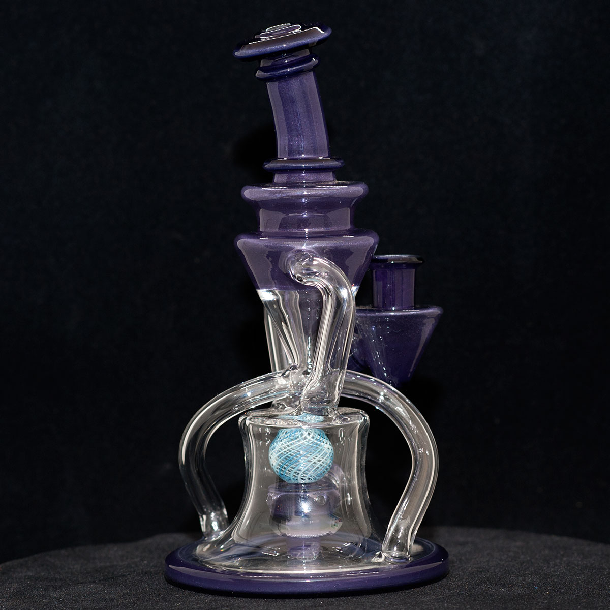 Cerio Glass - 10mm Recycler with 4 Hole Peculator - Light Purple & Blue Sphere Design with Clear Glass - Image 4